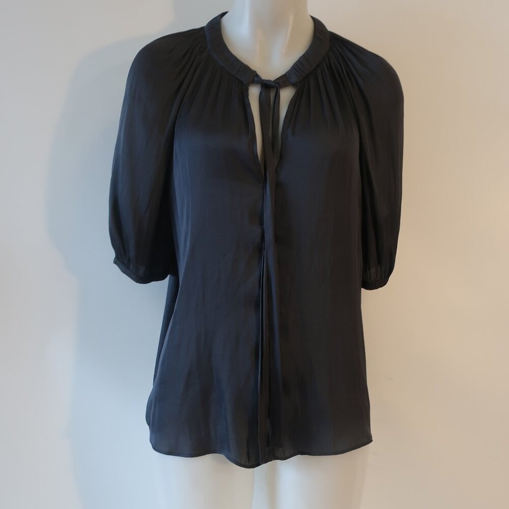 Womens Taroo Off-Black Satin Short Balloon Sleeve Blouse Shirt Top S